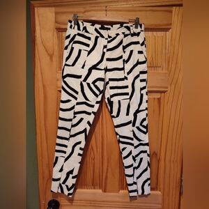 Tibi Black White Abstract Stripe Pants Front Hem Split Cuff